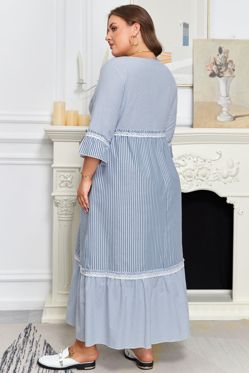 Sky Blue Stripe Crisscross Lace Detail Plus Size Shift Long Dress