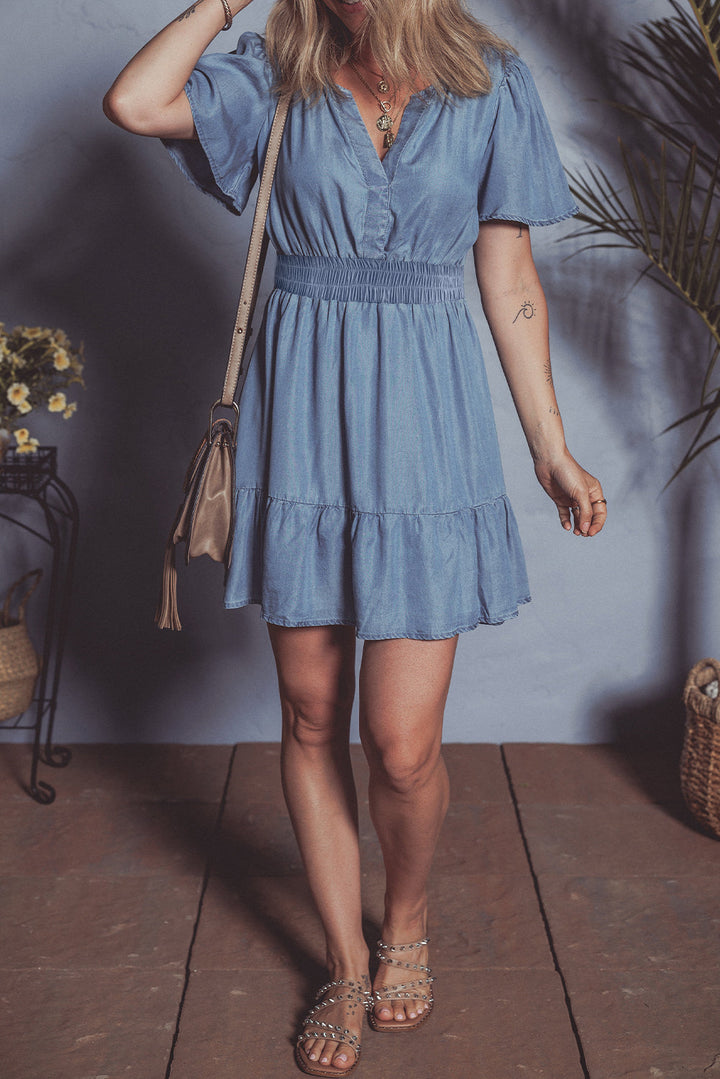 Ruffled V Neck Smocked High Waist Denim Mini Dress