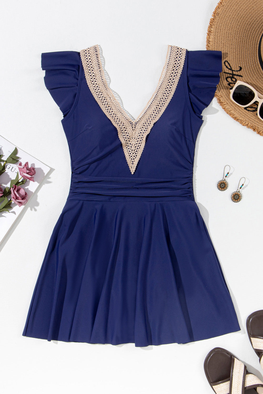 short sleeve swim dress Navy Blue Ruffled Short Sleeve Lace Trim V Neck One Piece Swim Dress – ModeShe