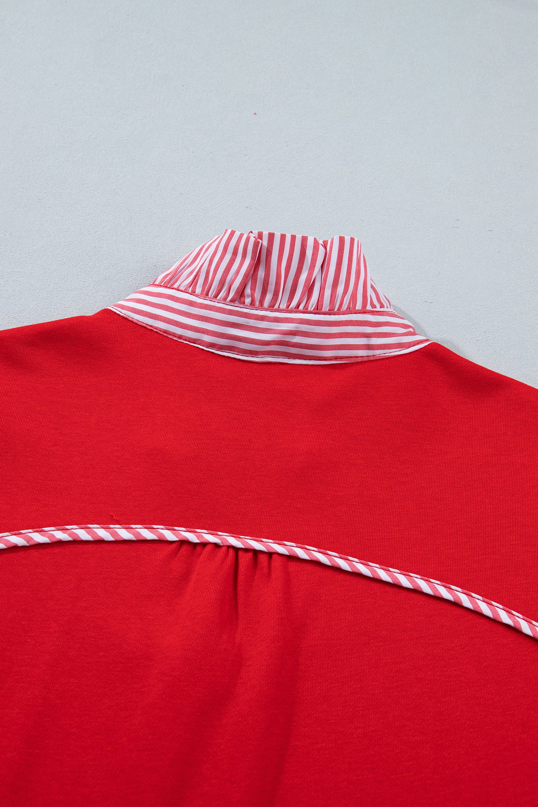 Fiery Red Striped Frilled Collar Short Sleeve Blouse