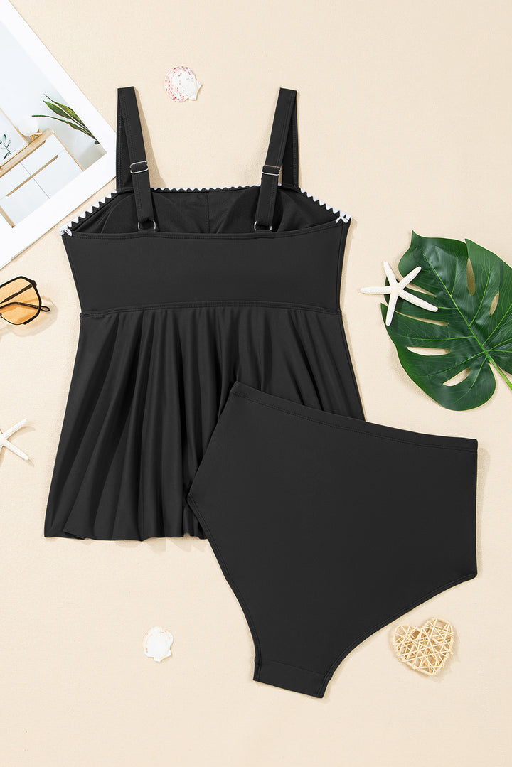 Black Spaghetti Straps Contrasted Ricrac Trim Flared Tankini 2pcs Swimsuit