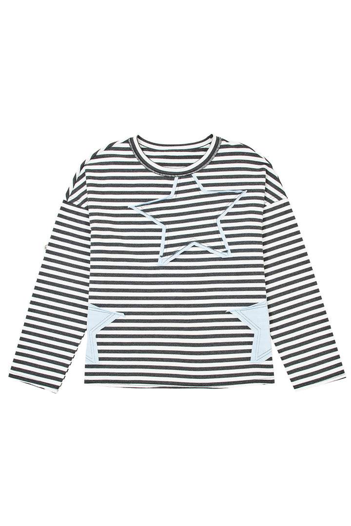 Starry Patch Drop Shoulder Raw Edge Casual Knit Top