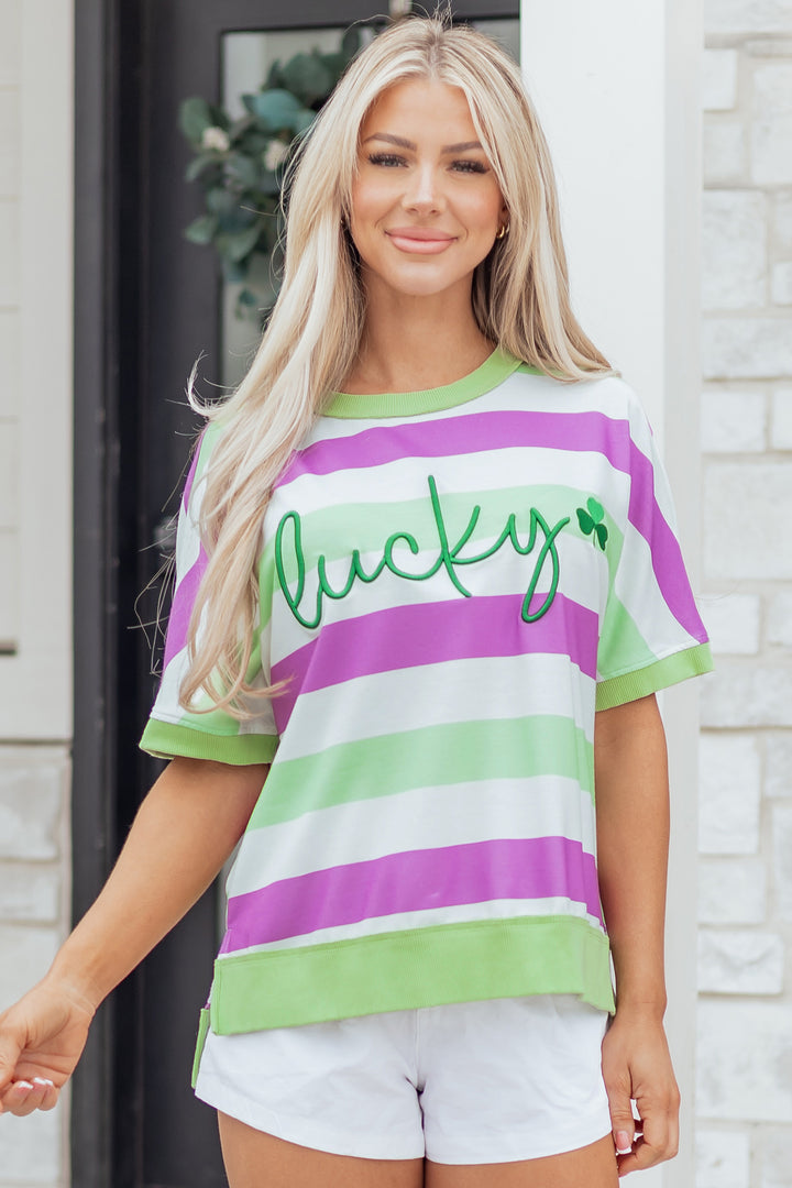 Lucky Clover Embroidered Graphic Dolman Loose Tee