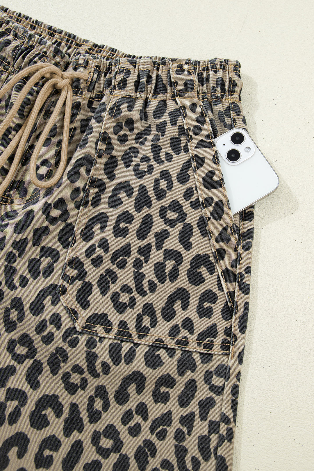 Khaki Leopard Print Drawstring Elastic Waist Loose Denim Pants with Pockets