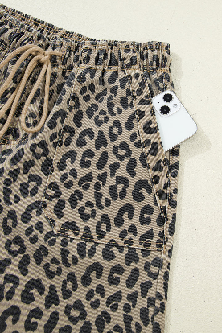 Khaki Leopard Print Drawstring Elastic Waist Loose Denim Pants with Pockets