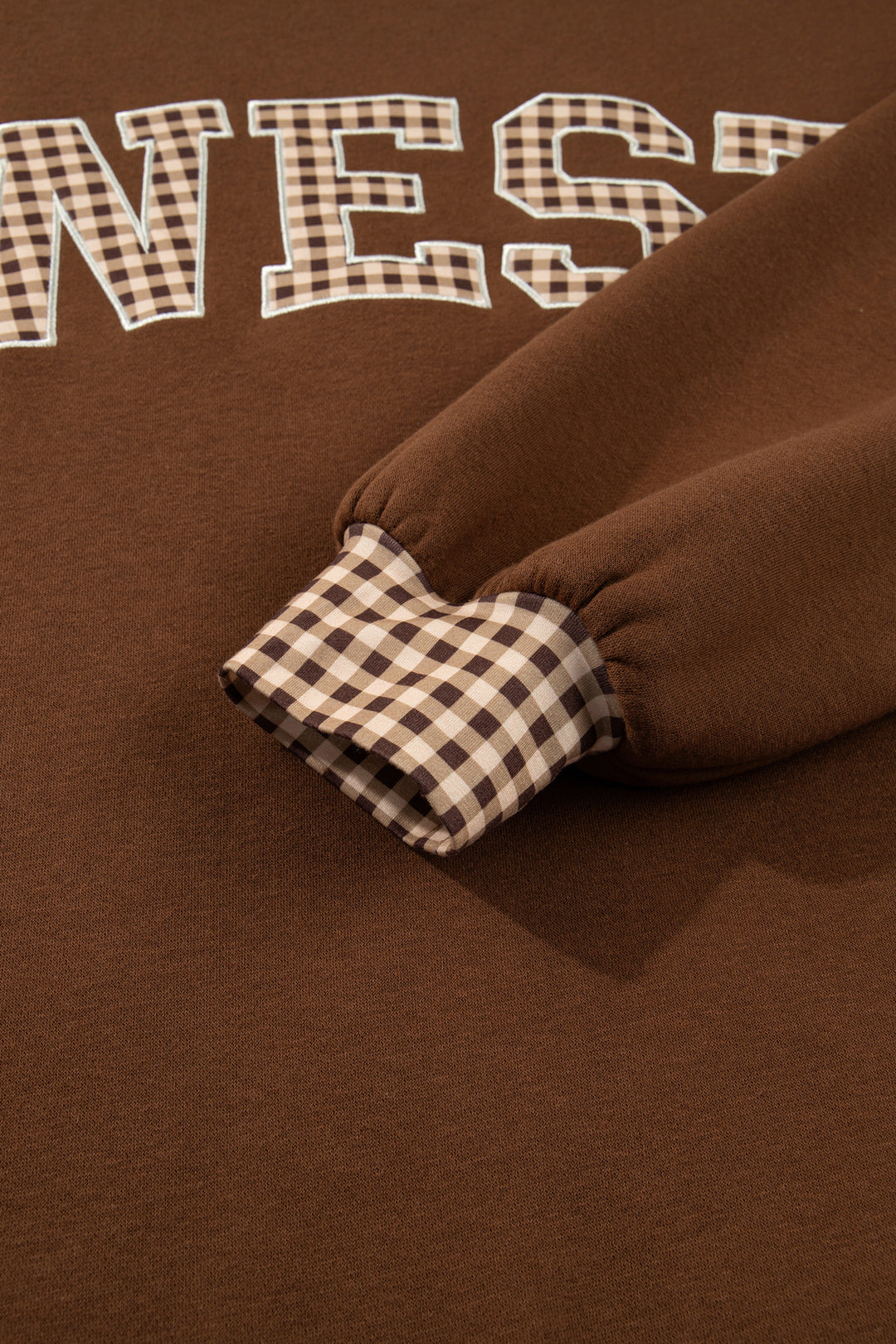 Chicory Coffee Plaid Trim High Neck WEST Letter Graphic Baggy Sweatshirt