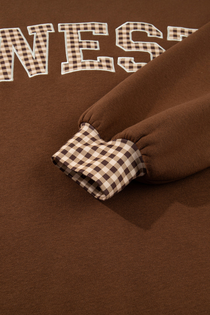 Chicory Coffee Plaid Trim High Neck WEST Letter Graphic Baggy Sweatshirt