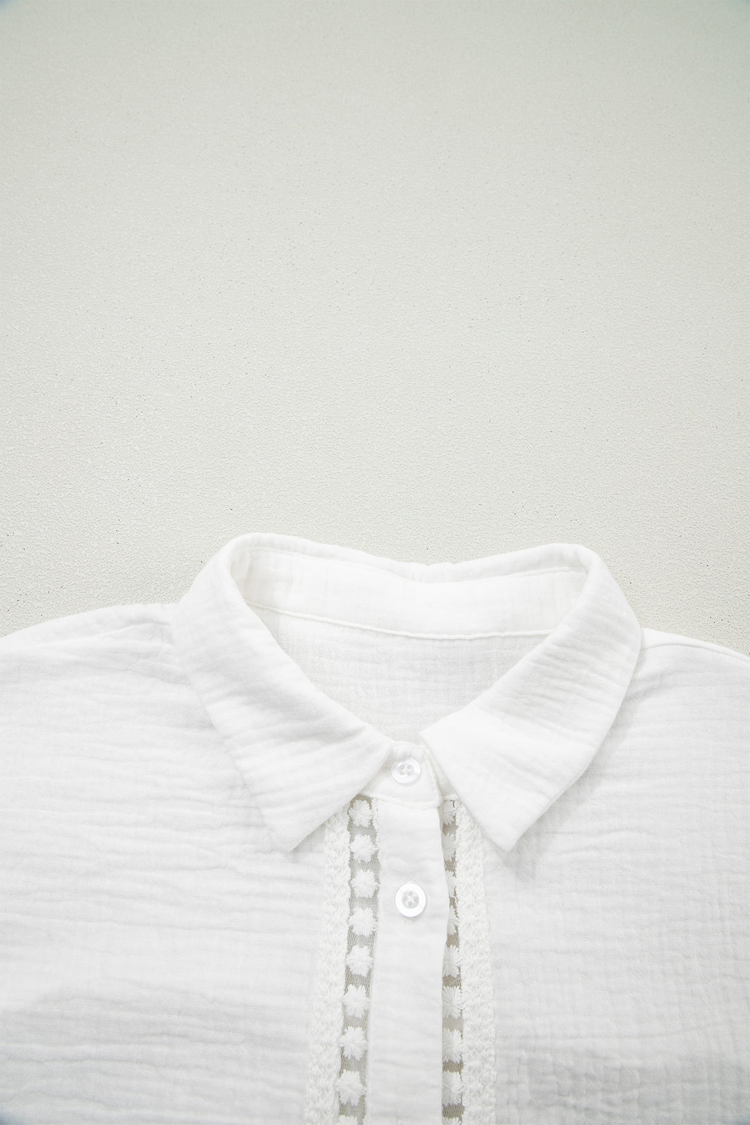 White Lace Trim Cuffed Short Sleeve Textured Shirt