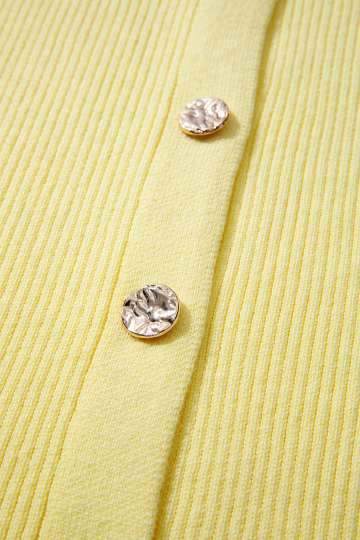 Yellow Cream Ribbed Knit Contrast Frilled Short Sleeve Sweater Cardigan