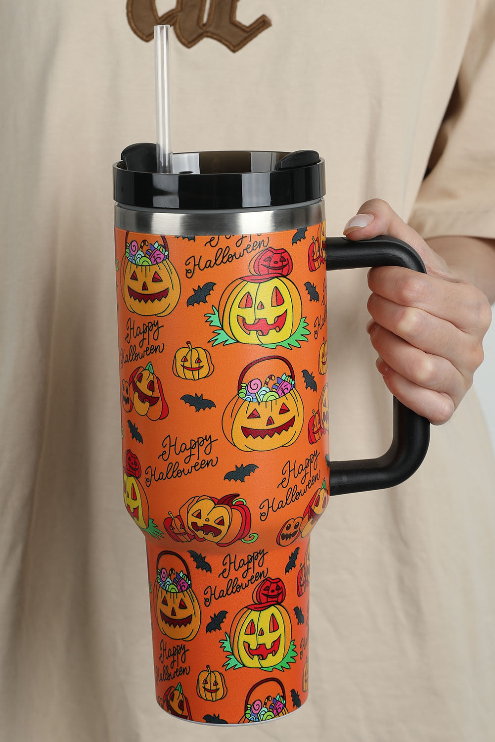 Grand gobelet à poignée imprimé citrouille d'Halloween 40 oz