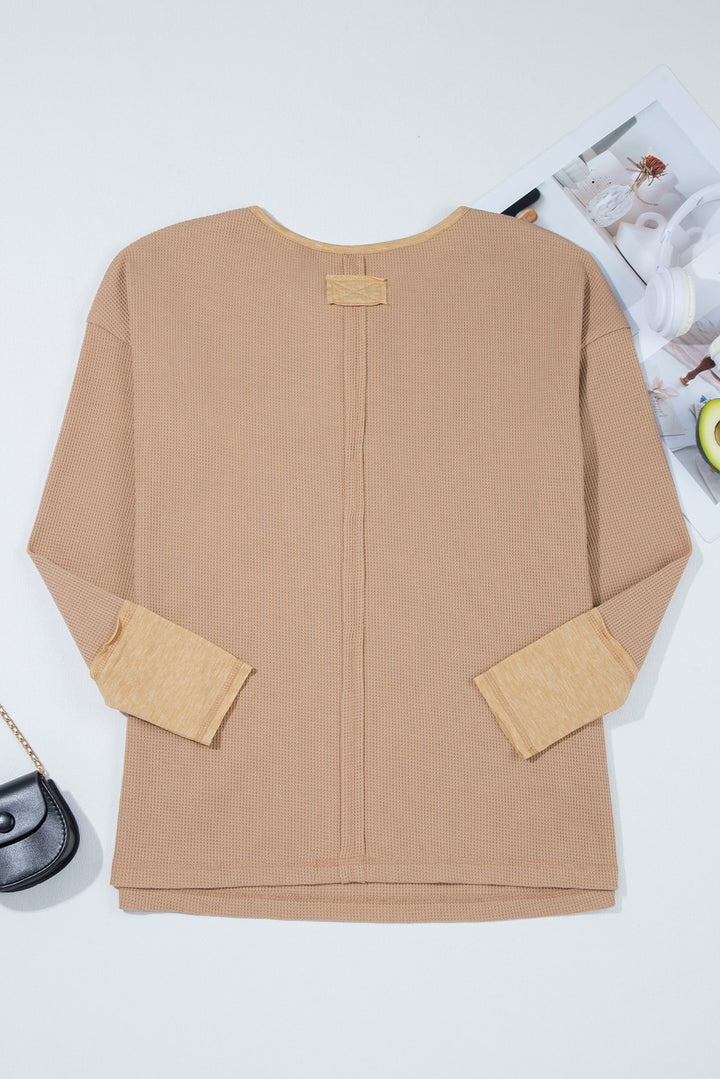 Khaki Color Block Waffle Textured Tunic Henley Cotton Top