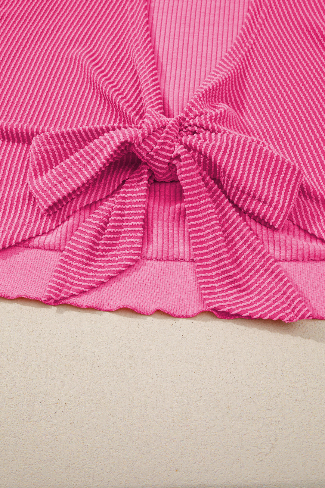 Rose Red Spiral Ribbed Cutout Bow Knot Back Oversize T Shirt