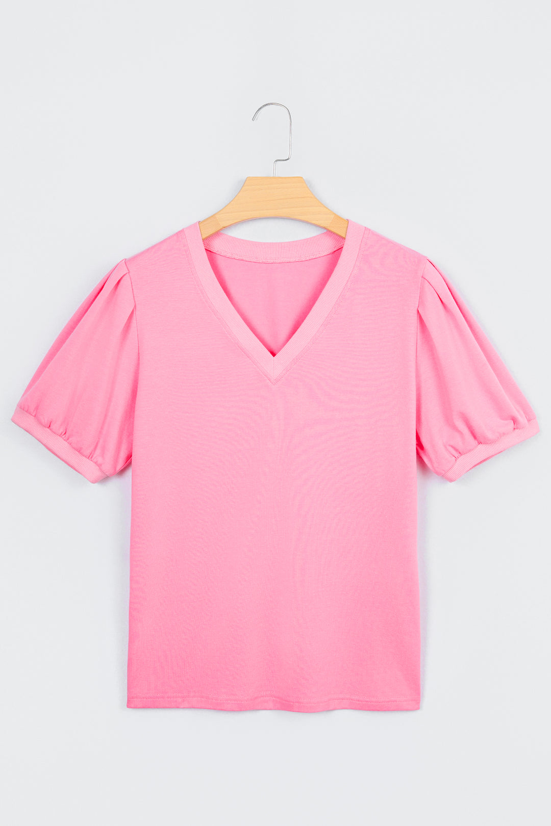 Solid Color V Neck Short Puff Sleeve Blouse