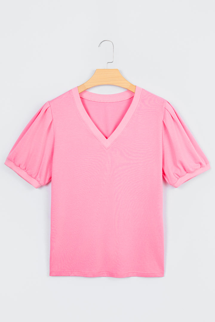 Solid Color V Neck Short Puff Sleeve Blouse