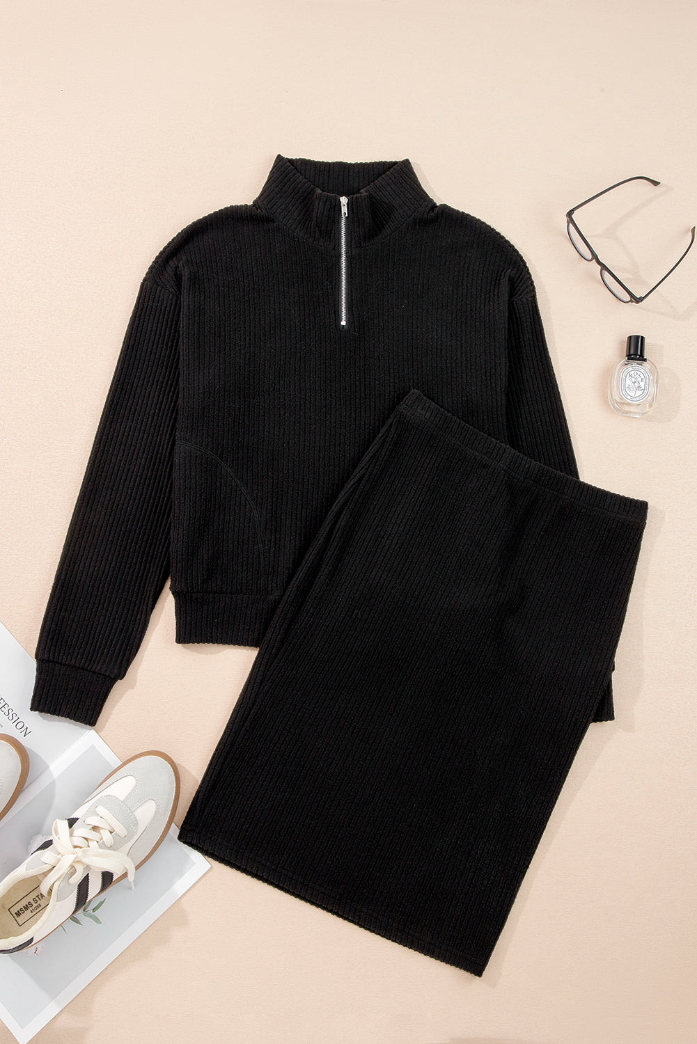 Black Ribbed Zip Stand Neck Pullover Bodycon Skirt 2pcs Set