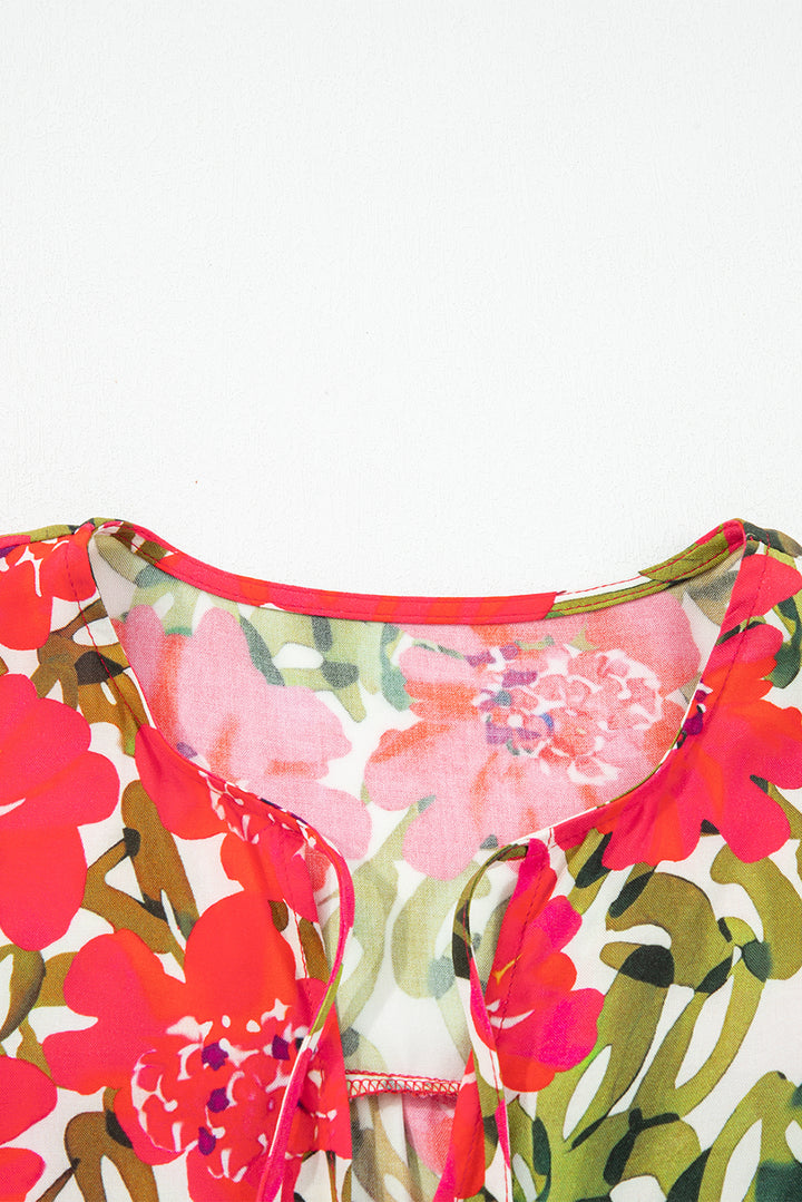 Red Floral Print Lace up V Neck Flounce Sleeve Blouse