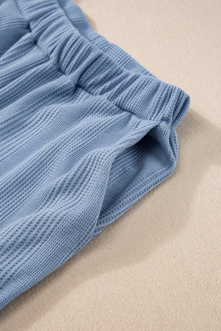 Beau Blue Solid Color Ribbed Ruffle Tank Top and Pants Set