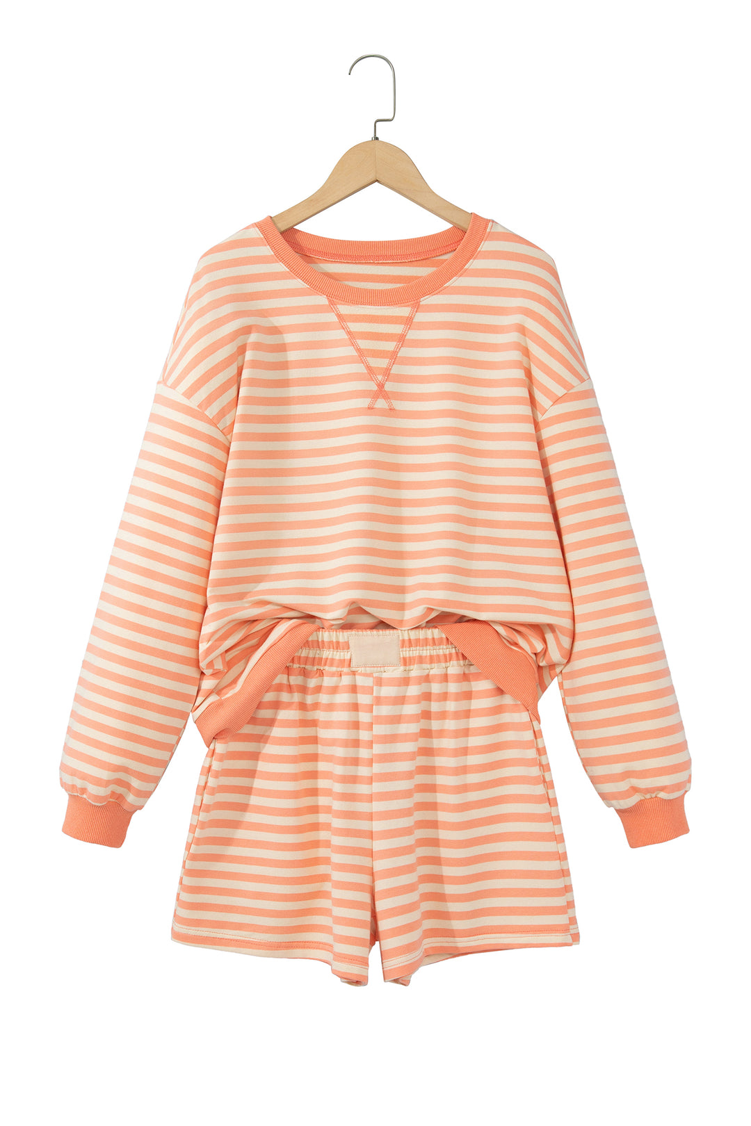 Grapefruit Orange Drop Shoulder Long Sleeve Pullover Elastic Waist Casual Short Set
