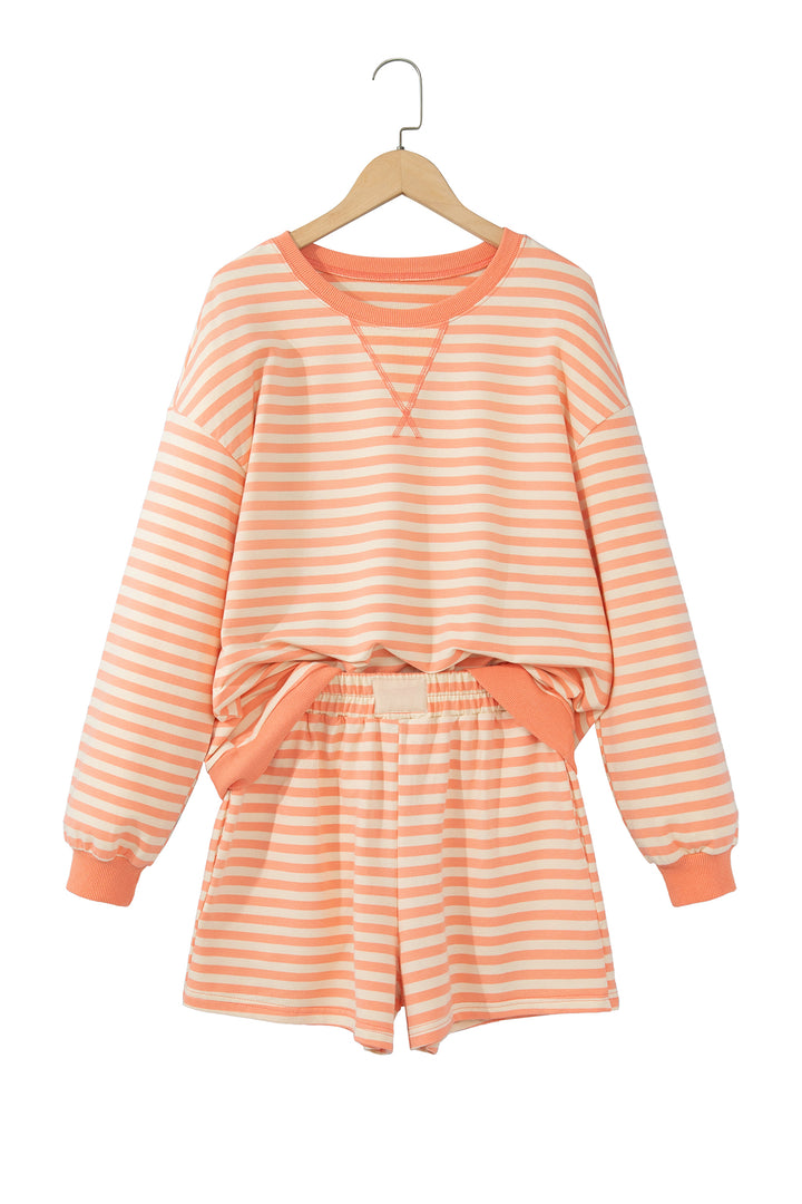 Grapefruit Orange Drop Shoulder Long Sleeve Pullover Elastic Waist Casual Short Set