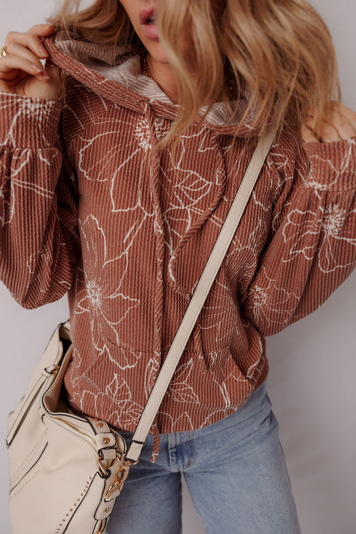 Floral Twisted Rib Drawstring Kangaroo Pocket Hoodie