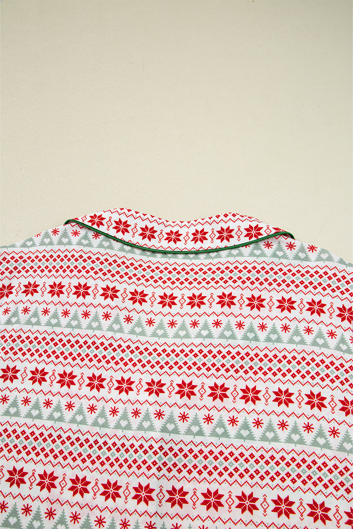White Christmas Pattern Print Shirt Style Long 2pcs Pajama Set