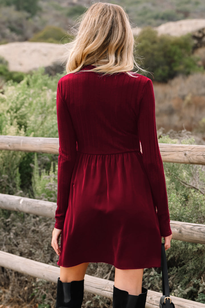 Red Dahlia Frilled Neck Ribbed Knit Long Sleeve Mini Dress