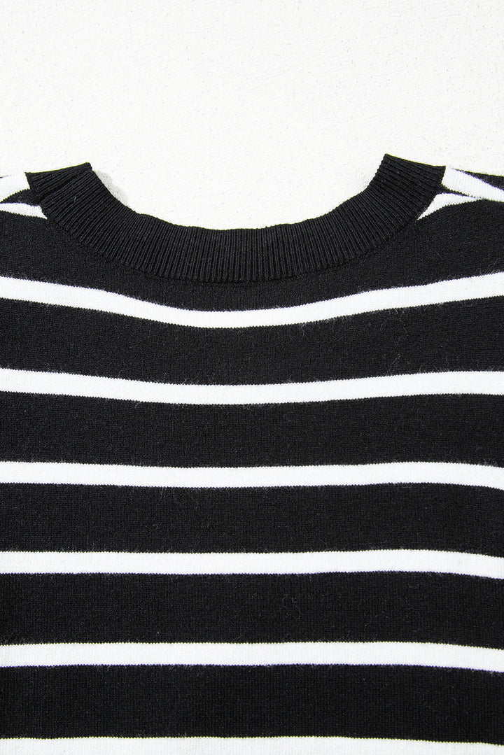 Ribbed Trim Round Neck Bubble Sleeve Knitted Top