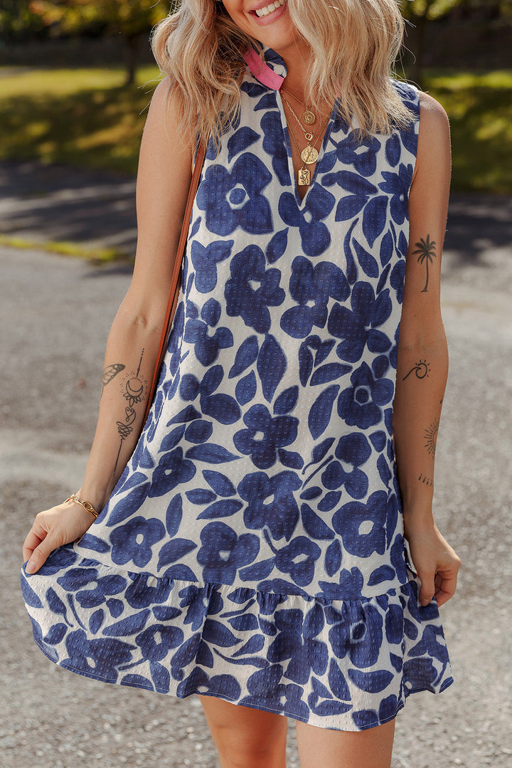 floral sleeveless colorblock notched v neck mini dress