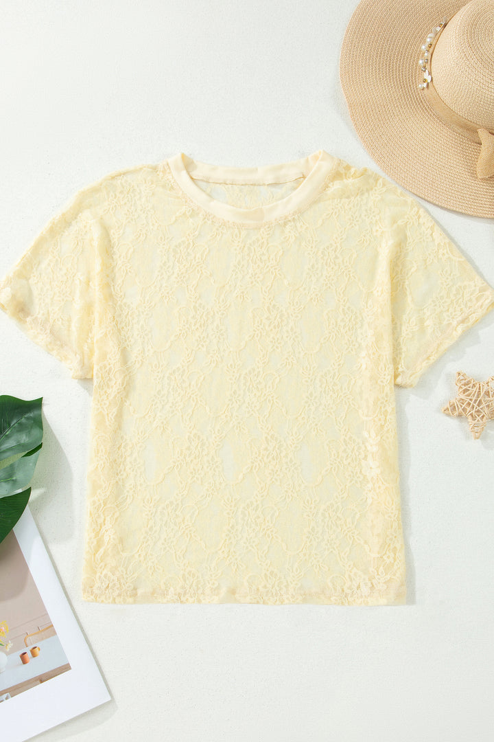 Yellow Cream Sheer Floral Lace Boxy Tee
