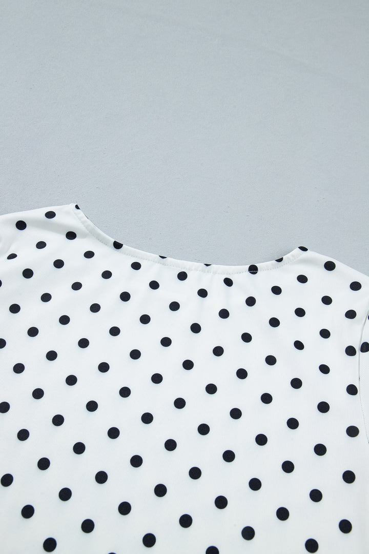 Black Polka Dot Print Lettuce Trim Long Sleeve Top
