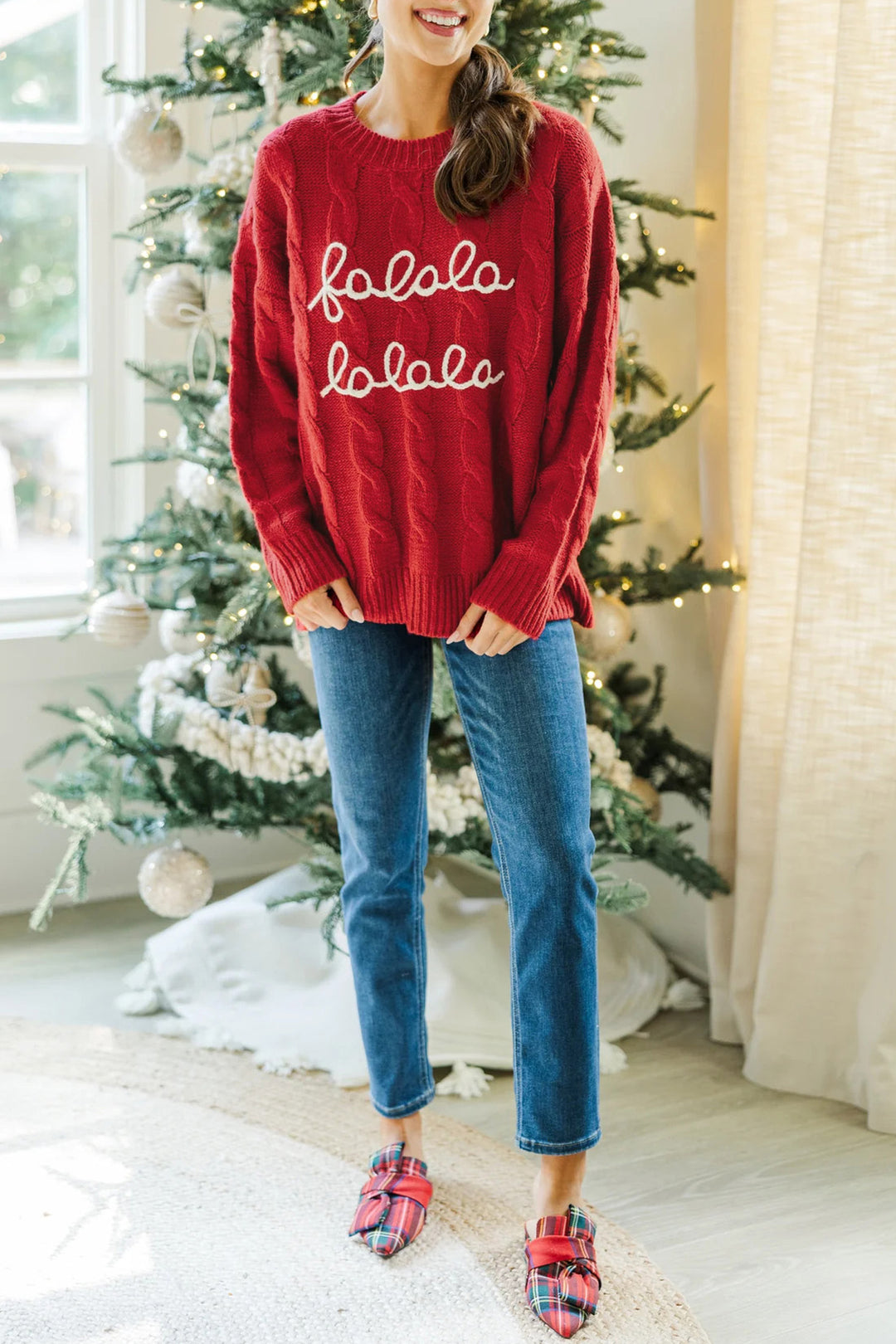 Fiery Red Falala Cable Knit Christmas Dropped Shoulder Pullover Sweater