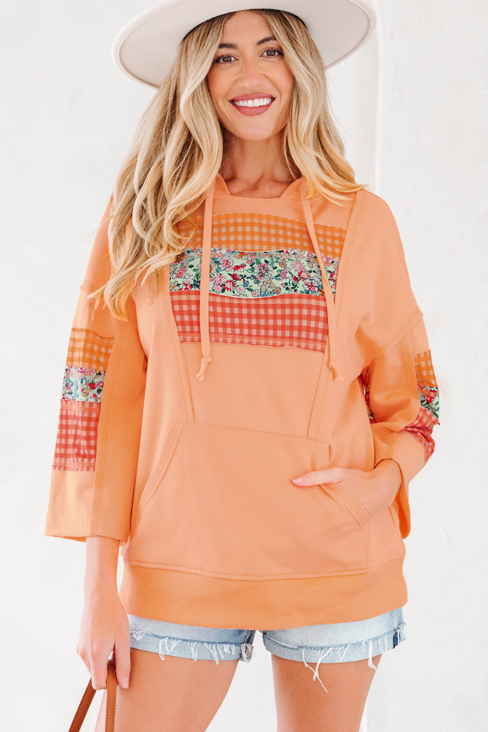 Plaid Floral Patchwork Kangaroo Pocket Hooded Long Sleeve Top