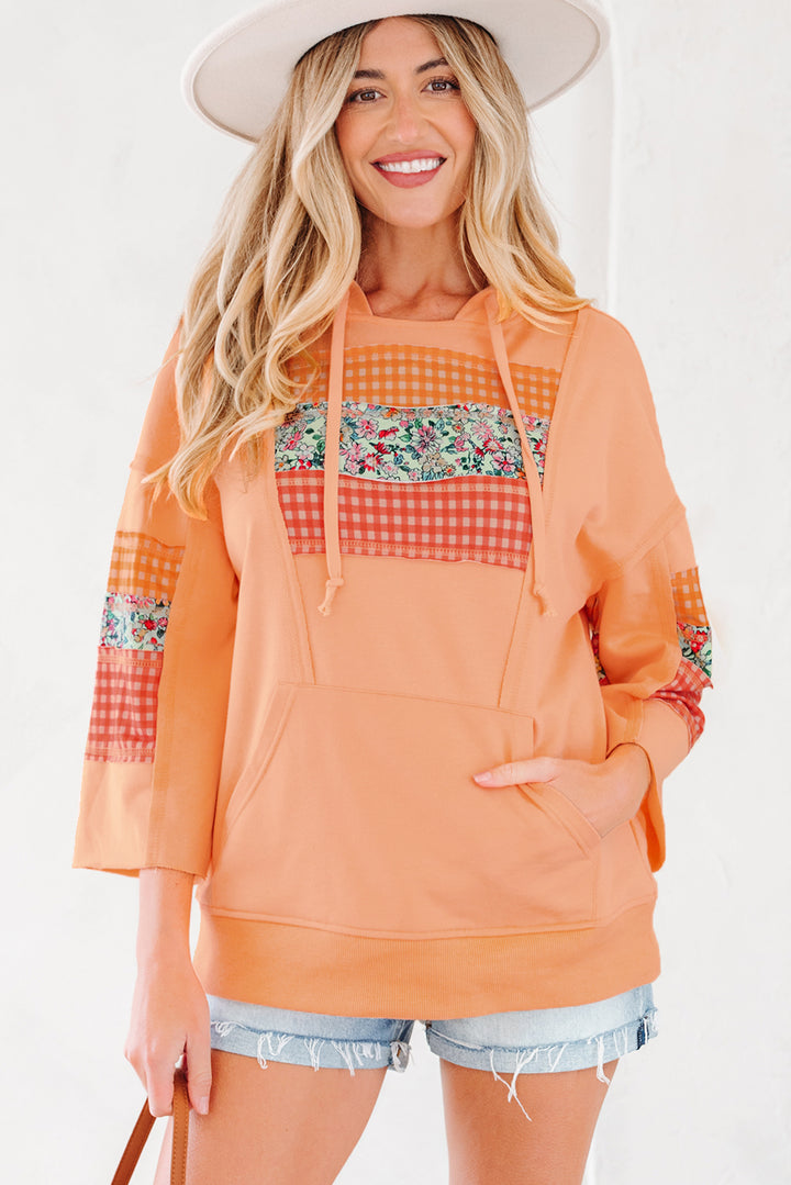 Plaid Floral Patchwork Kangaroo Pocket Hooded Long Sleeve Top