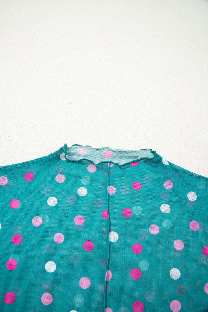 Green Polka Dot Patterned Bodycon Mock Neck Mesh Long Sleeve Top