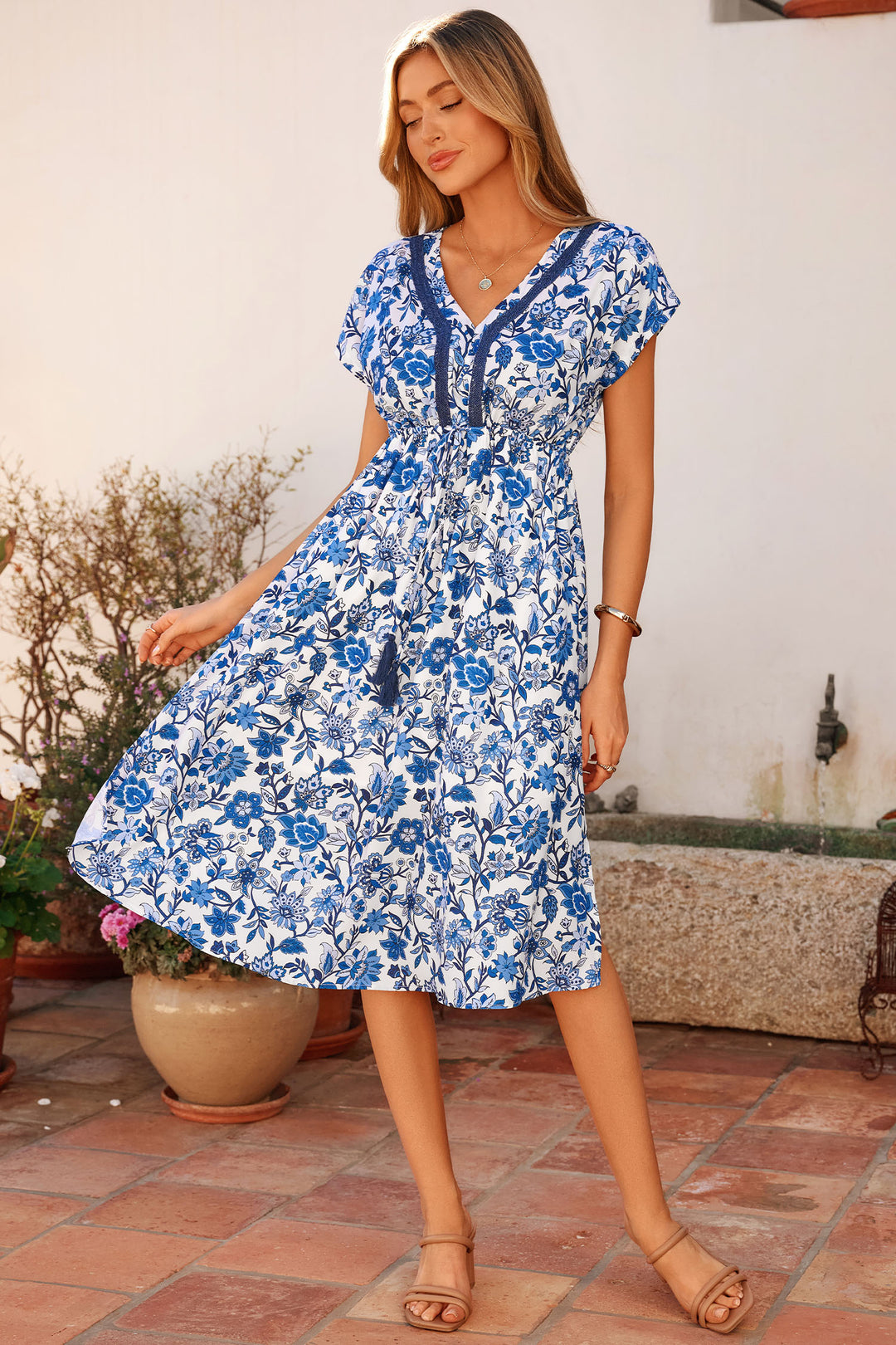 Sky Blue Abstract Print Embroidered Trim V Neck Drawstring High Waist Loose Vacation Dress