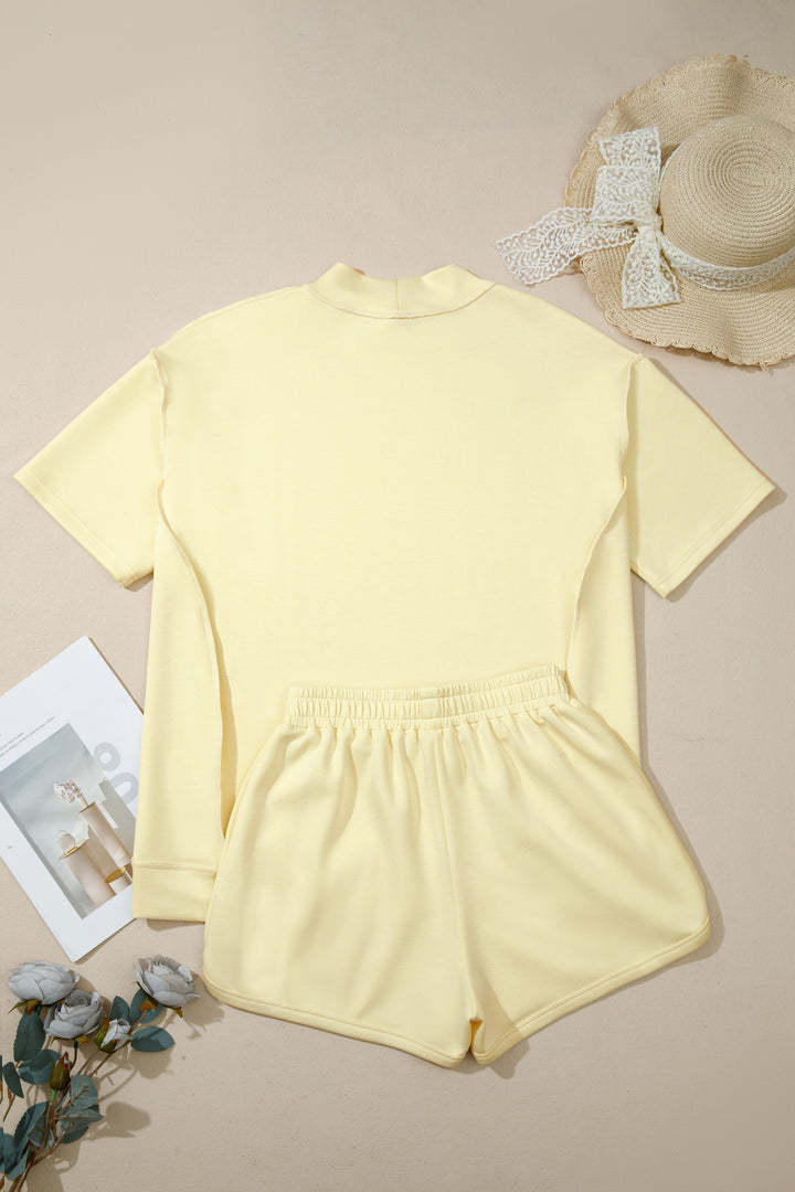 Yellow Cream Solid Color Exposed Seam Mock Neck Oversize Tee Casual Shorts 2pcs Outfit