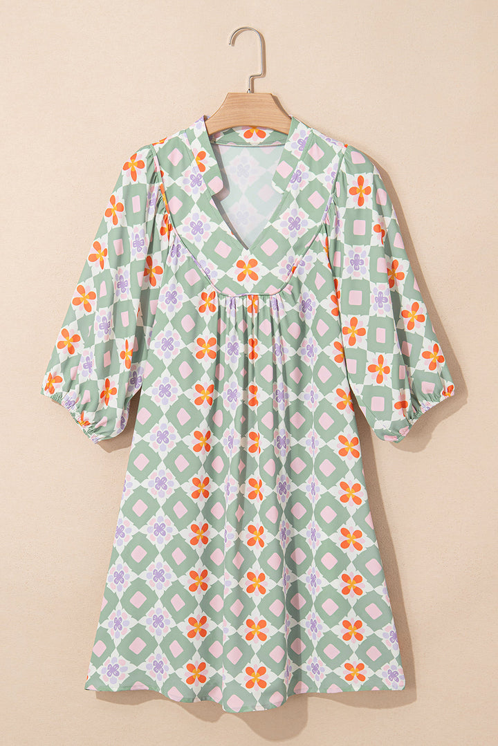 geometric floral print 3 4 sleeve notched neck mini dress