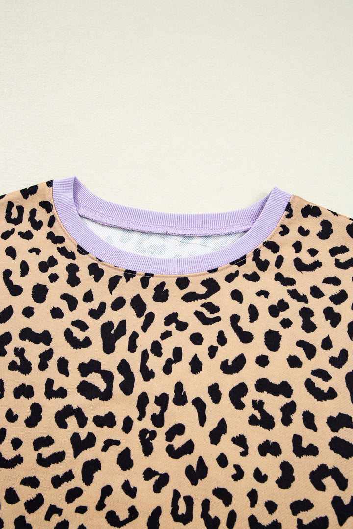 Color Block Patchwork Leopard Casual Sweatshirt with Slits