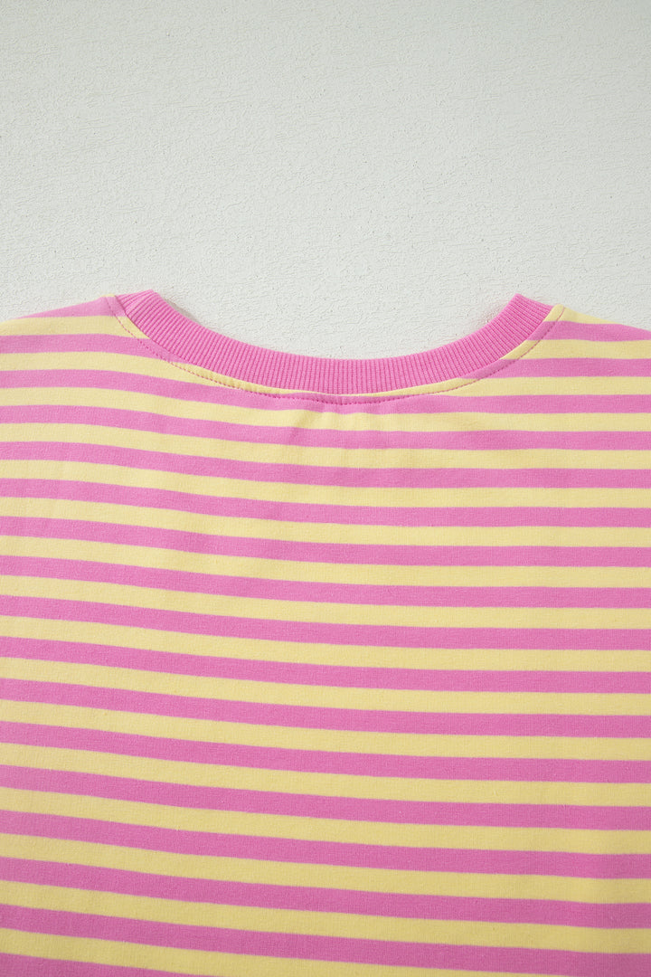 Pink Stripe Relaxed Short Sleeve Top Elastic Waist Drawstring Skort 2pcs Set