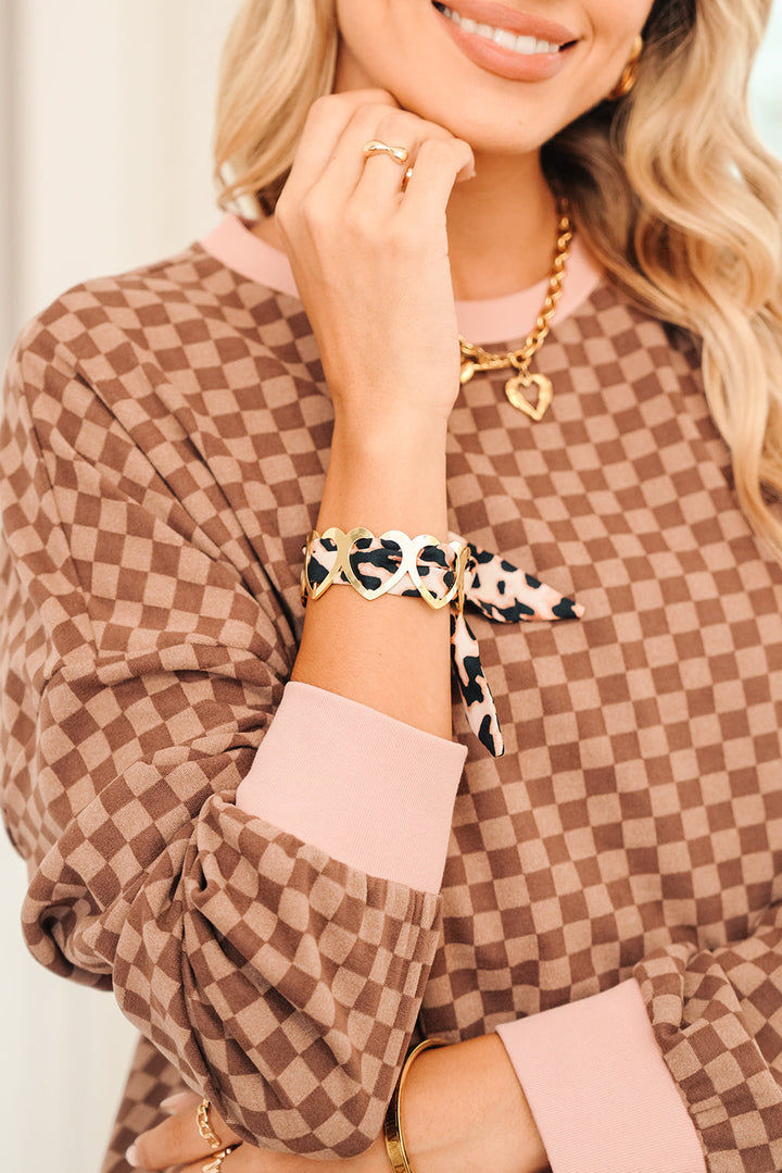 Bracelet en forme de cœur plaqué or avec ruban léopard et ficelle