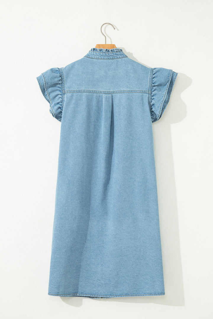 Frilled Detail Button Down Ruffle Short Sleeve Denim Mini Dress