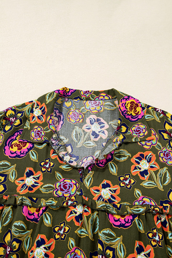 Floral Print Split Neck Bubble Sleeve Shift Mini Dress