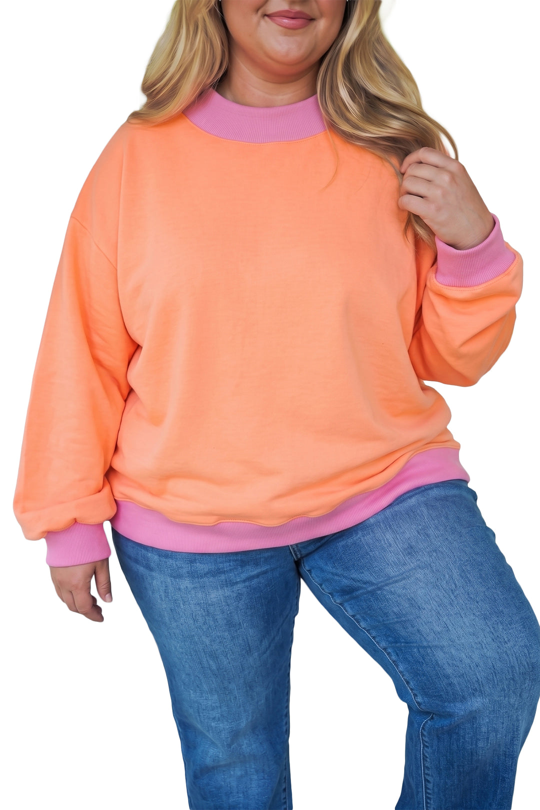 Grapefruit Orange Color Block Contrast Trim Plus Size Sweatshirt