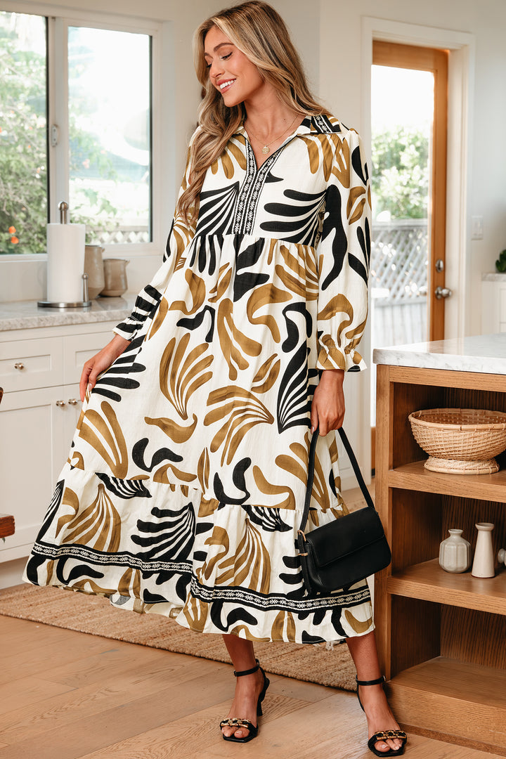 Tropical Printed Contrast Trim Neck Long Sleeve Ruffle Hem Dress