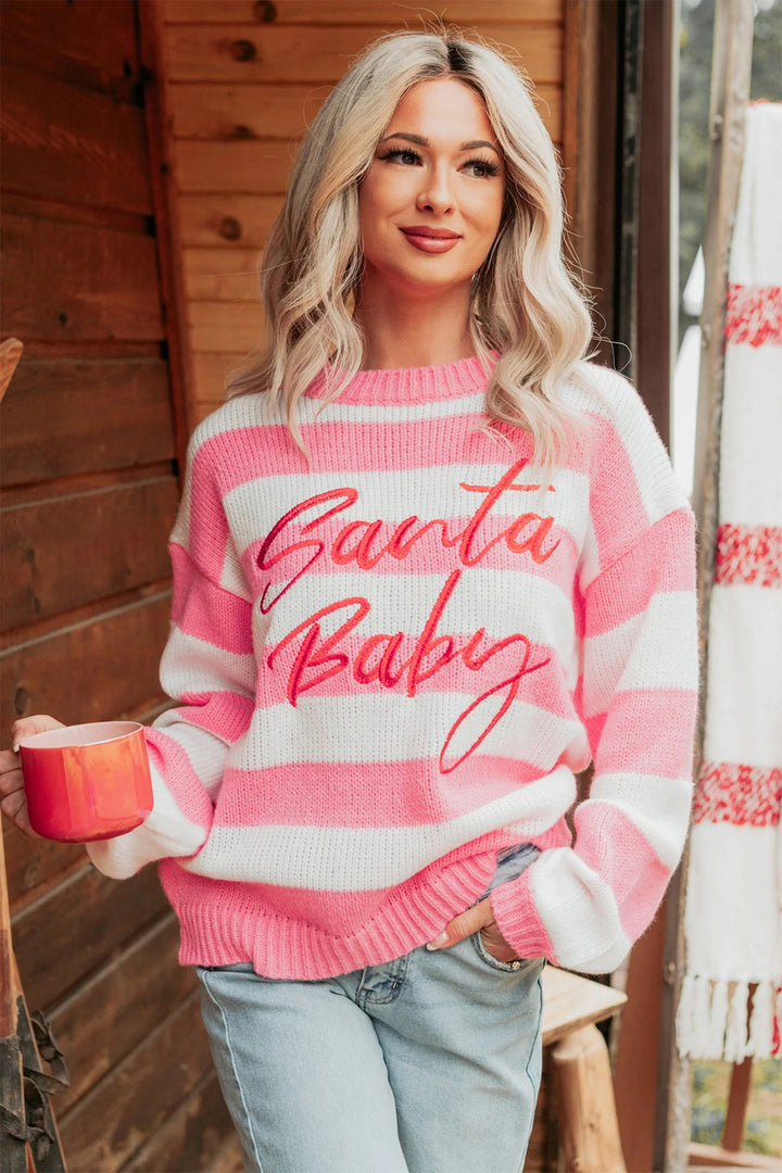 Pink Stripe Santa Baby Embroidered Christmas Slogan Drop Shoulder Pullover Sweater