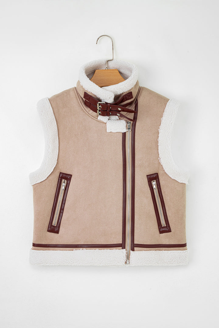 Dark Khaki Sherpa Lined Faux Suede Lapel Collar Vest