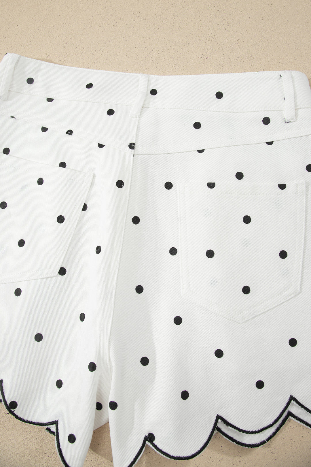 White Polka Dot Print Embroidered Scallop Hem Shorts