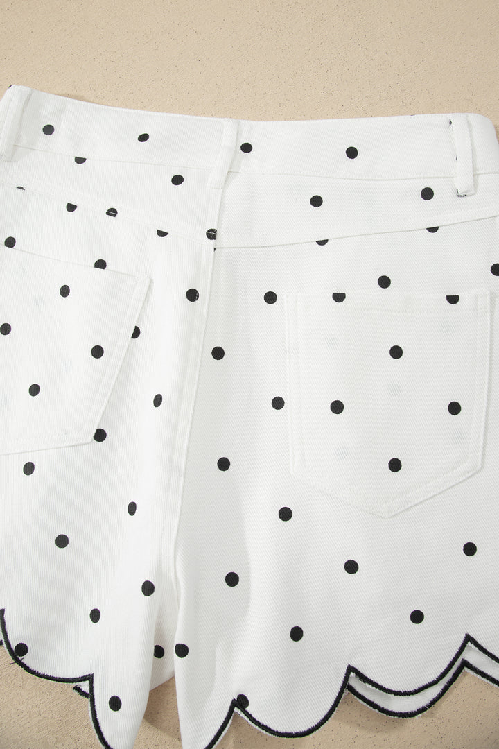 White Polka Dot Print Embroidered Scallop Hem Shorts