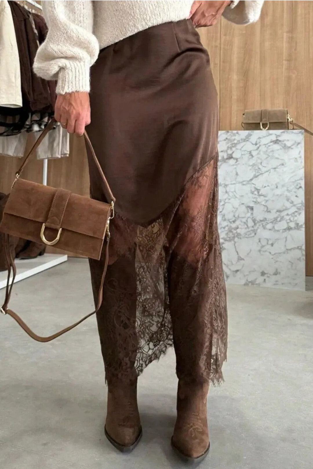 Casual Dark Brown Lace Patchwork Hem Shift Long Skirt