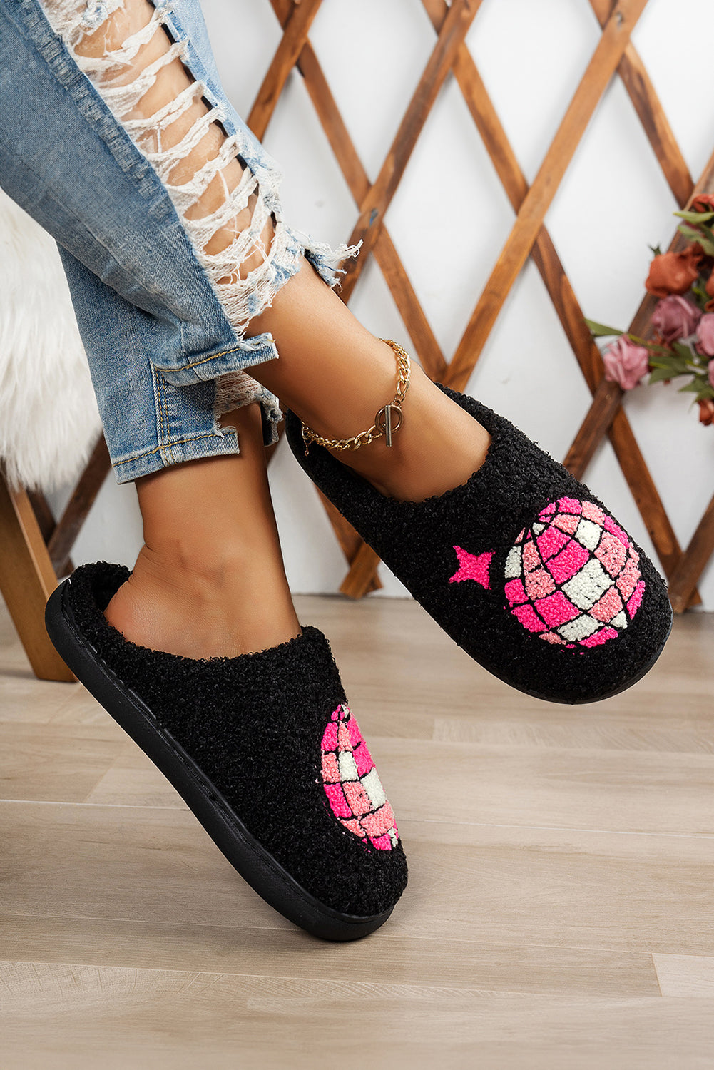 Disco Ball Print Fuzzy Winter House Slippers
